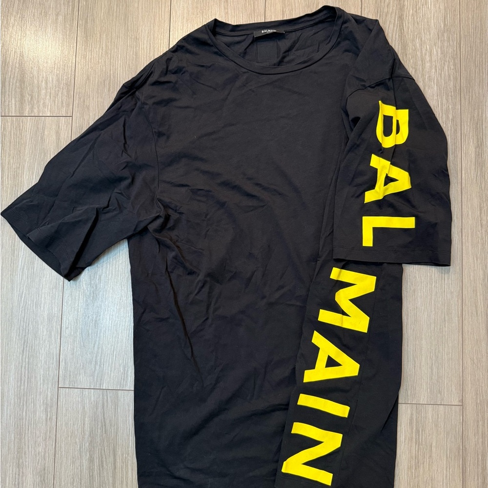 Balmain Black T-Shirt with Yellow Logo
